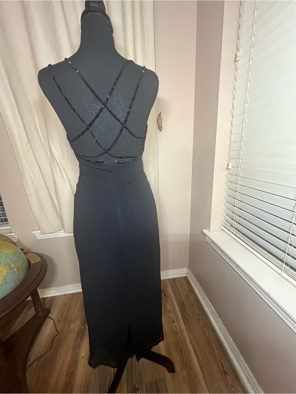 Black Beaded Strappy Back Evening Dress